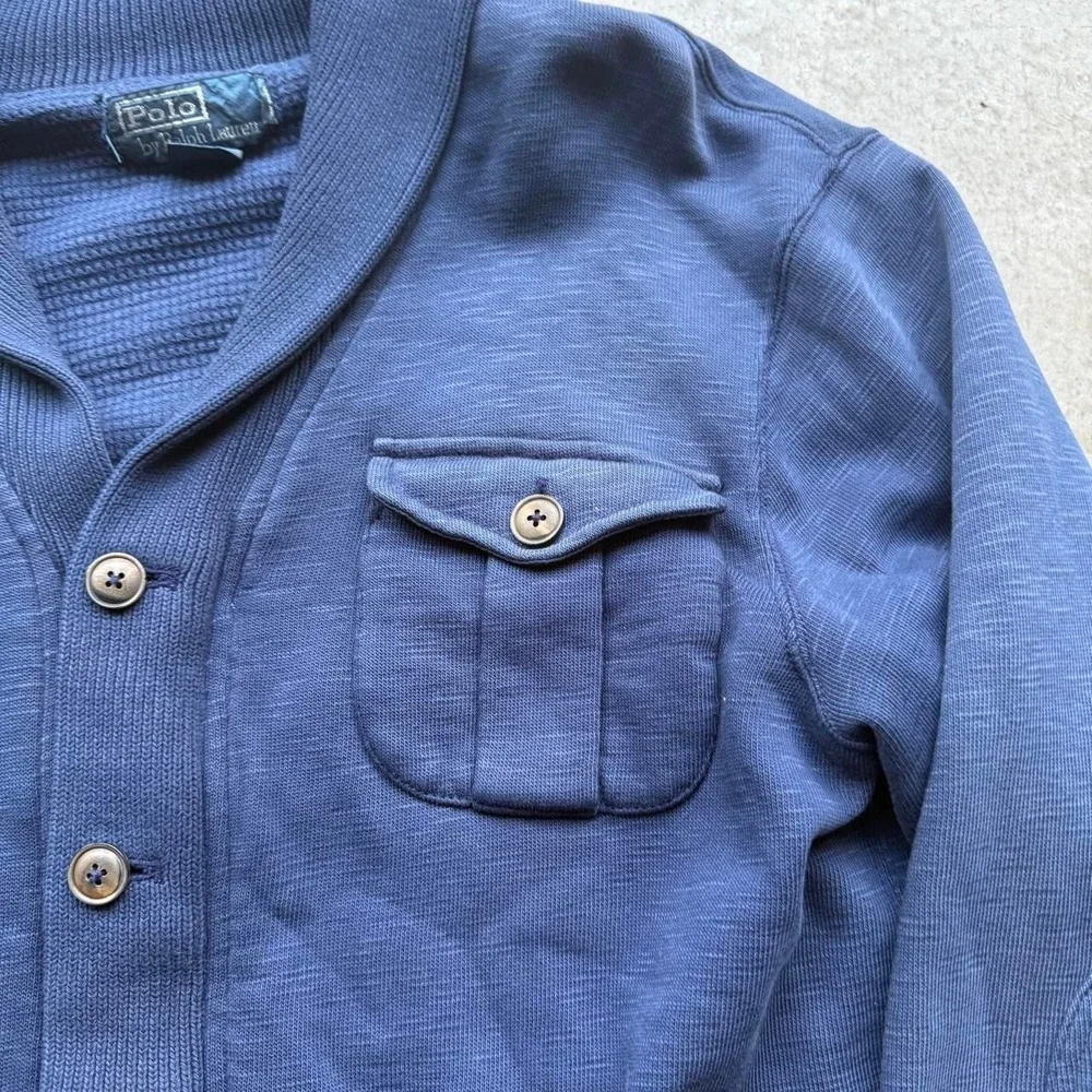 Ralph Lauren 90s Shawl Collar Indigo Cardigan Cotton M Thermal Lining Preppy